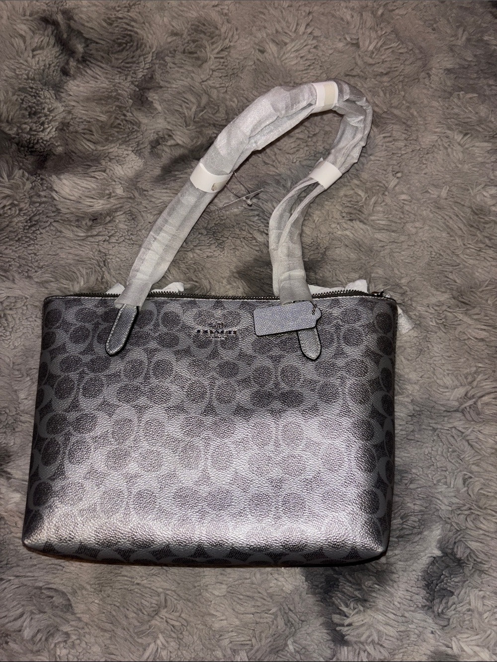 New Coach Metallic Silver Signature Tote in Charcoal